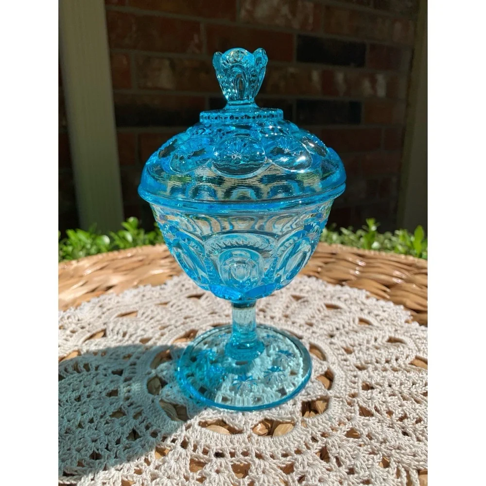 L.E. Smith Moon and Stars Sherbet Cup Lidded Electric Blue